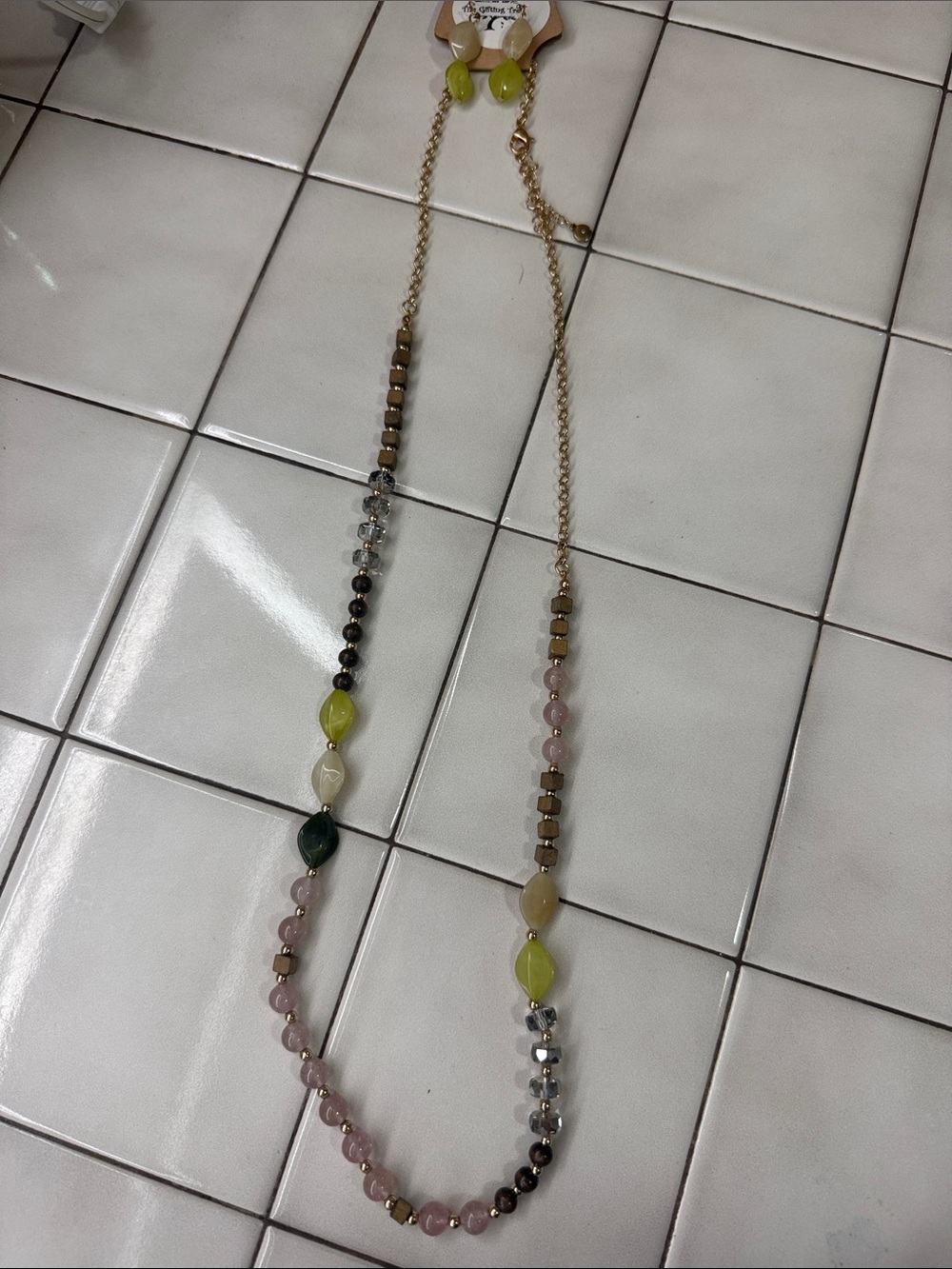 Long Beaded Necklace with Green, Pink & Gold Accents, and matching earrings